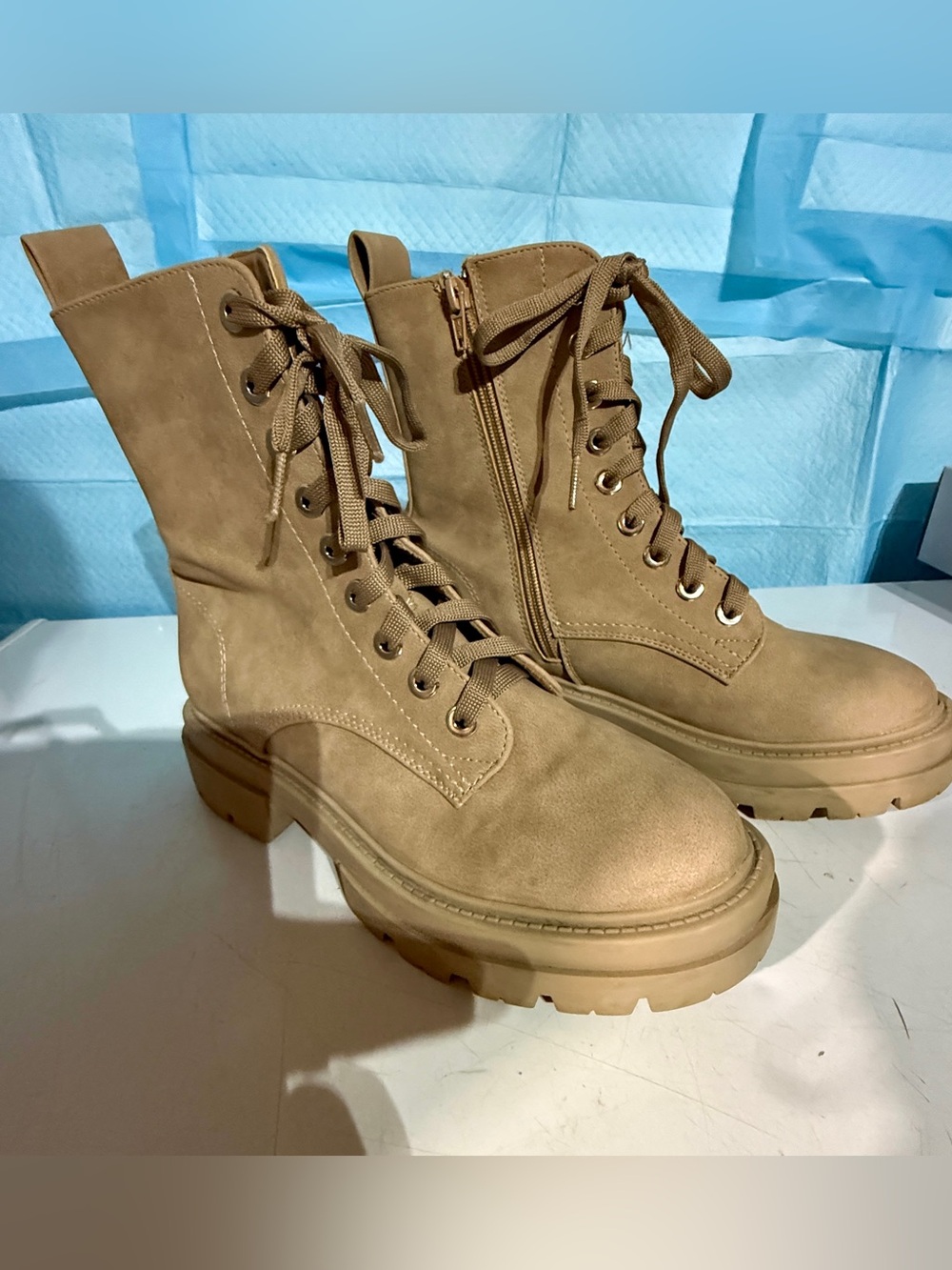 Women’s Chunky Lace-Up Combat Boots in Tan